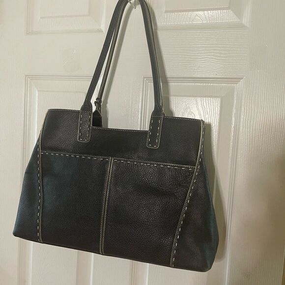 Franklin Covey Black Genuine Leather beige stitch shoulder bag tassel accent - Picture 3 of 13